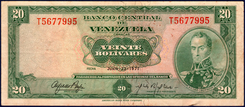 Billete De 20 Bolívares T7 Junio 22 1971 Simón Bolívar