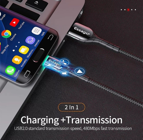 Imagen 2 de 4 de Cable Cargador Micro Usb / Led 3 A / 2 Metro / Essager / Neg