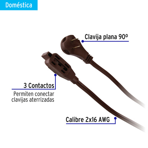 Extensión Eléctrica Doméstica, 3 M, Café, Volteck, 48007