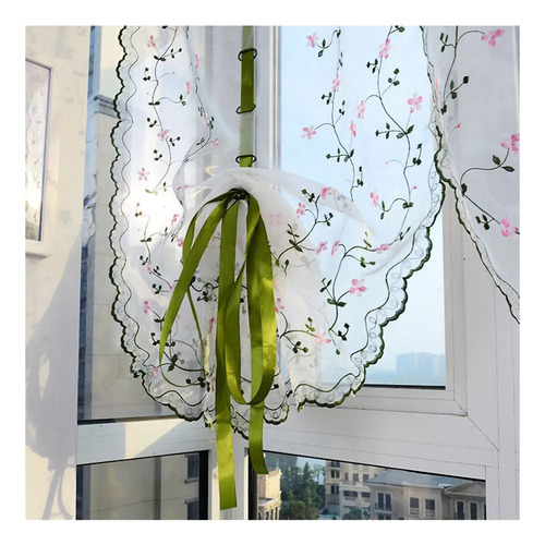 Cortina Romana Transparente Bordada Con Ventana Floral