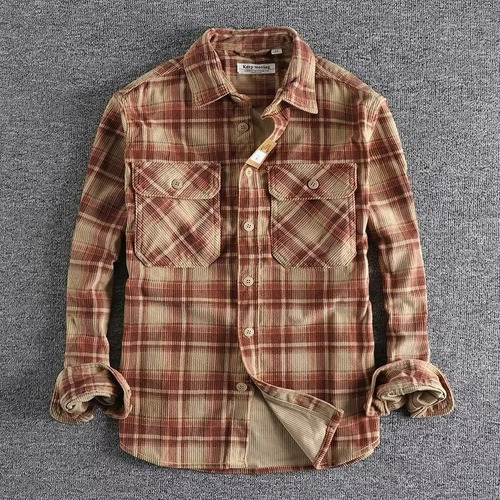 Camisa Retro A Cuadros Para Hombre, Pana, Ajuste Cómodo