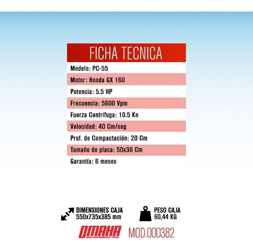 Imagen 2 de 5 de Placa Compactadora Omaha 5.5 Hp 500x360 Mm Motor Honda