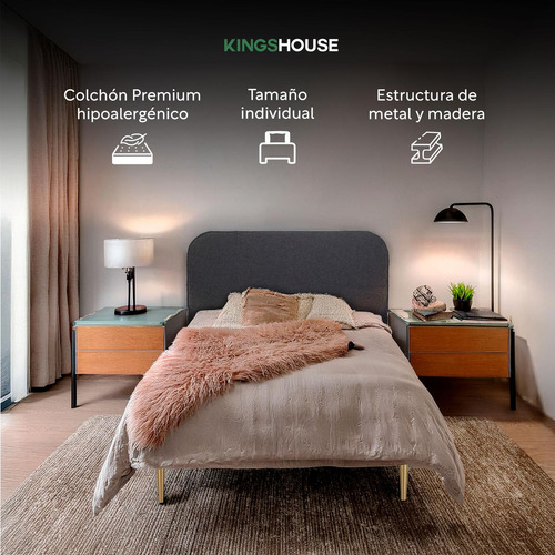 Base De Cama Y Colchón Memory Foam 100x190x20 Cm Con Resortes Pocket Individual Box De Metal Y Madera Cabecera Curva Color Gris Kingshouse
