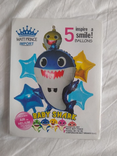 Set X 5 Globos Baby Shark Azul Decoración Cumpleaños