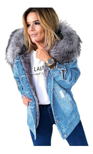 Chaqueta Denim Retro Mujer Abrigo De Terciopelo Con Capucha