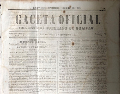 Gaceta Estado De Bolívar 1861 Estados Unidos De Colombia