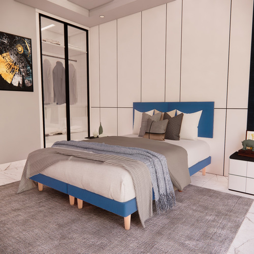 Recamara Base Cama Box Cabecera Praga Azul Queen Size