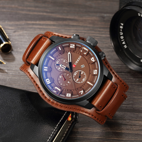 Relógio Business Leather 8225 Strap Quartz Curren Calendar M