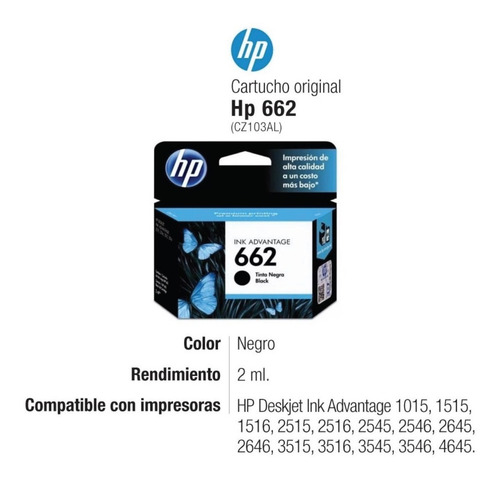 Cartucho Hp 662 Cz103al Negro Original 1515 2515 2545 3545