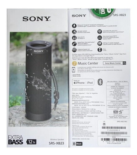 Parlante Bluetooth Sony Extra Bass Srs-xb23 Ip67 12hr Negro