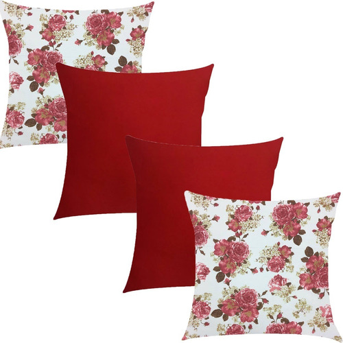 Kit 4 Capas De Almofada Imperial Rosas E Cetim Verm 45x45cm