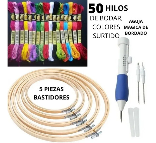 Set Bordado 5 Bastidores + Aguja Mágica +50 Hilos Bordar Kit