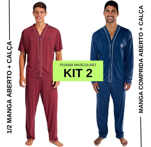 Kit Com Dois Pijamas Calça Comprida Abertura Por Botões