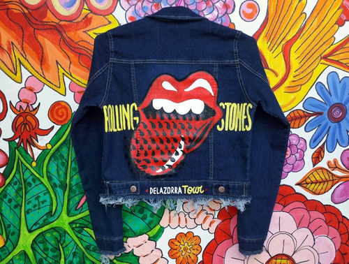 Campera Jean Azul Dama Estampa Rolling Stones Lengua Pinches