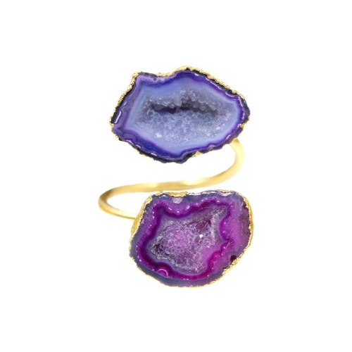 Anillo Con 2 Geodas De Ágata Violeta Y Azul, Chapado En Oro