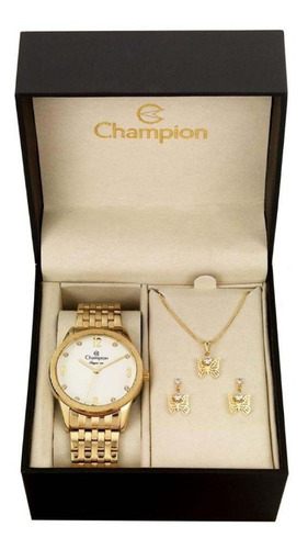 Relógio Champion Dourado Feminino + Colar E Brincos (kit)