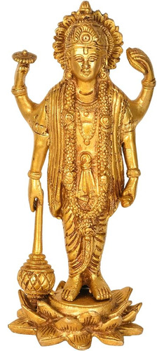 Exótica India Standing Lord Vishnu Brass Statue, Amarillo