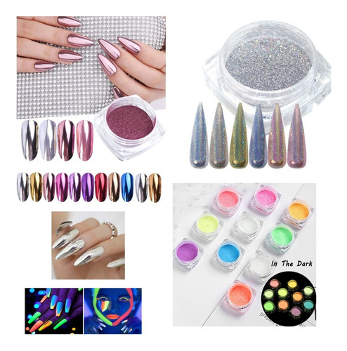 Nail supply espejo holografico, tradicional y glow - Mix efectos - 30