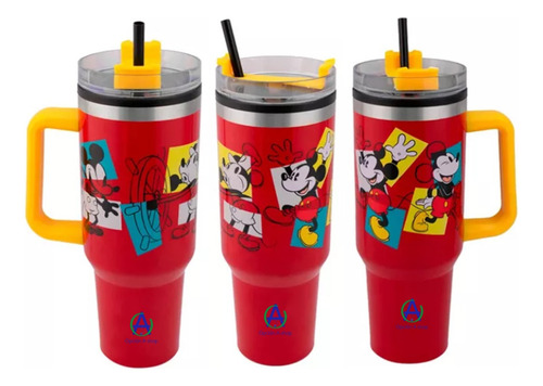 Vaso Termo Doble Pared Mickey Mouse Con Asa Y Popote Disney