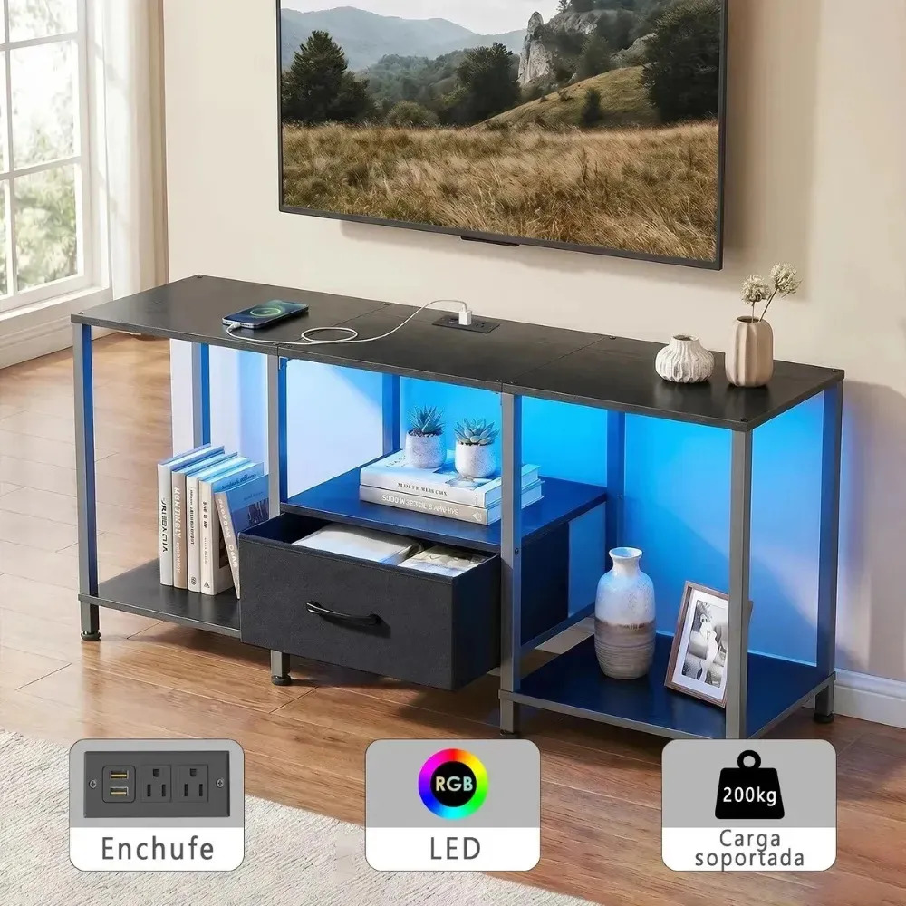 Mueble Para Tv 120 Cm Hasta 60 Pulgadas Estilo Industrial Con Luces Led Y Multicontacto Centro De Entretenimiento Vintage Resistente