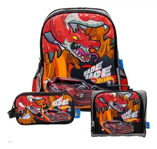 Pack Mochila Hot Wheels Rojo Oficio Lonchera Y Cartuchera