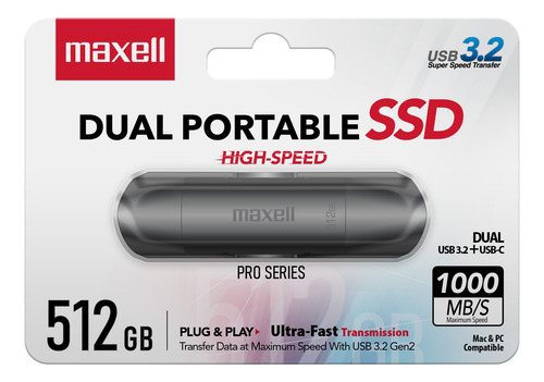 Disco Ssd Externo Maxell 512gb 3.2 Dual Usb-c 1000mb/s Gris Oscuro
