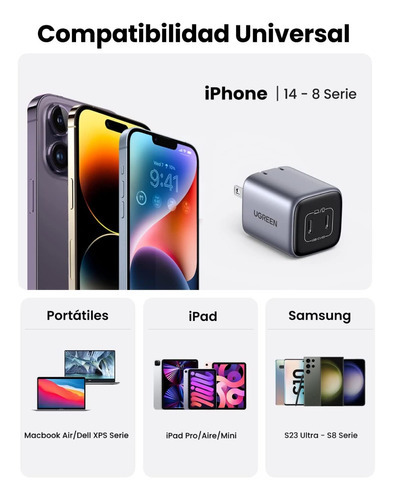 Cargador Carga Rápida Doble Puerto USB C de 45w Ugreen para iPhone, Macbook, iPad, Samsung, de color Gris