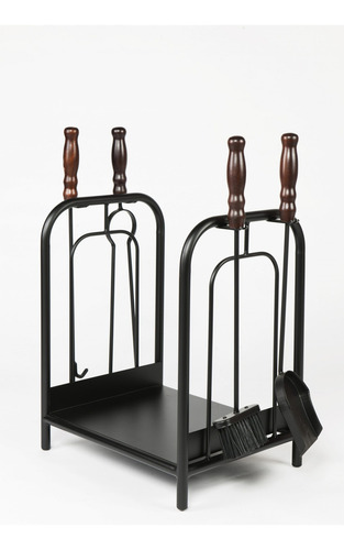 Kit De Limpeza Lareira + Porta Lenha - Cabos De Madeira Cor Preto