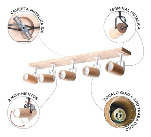 Imagen 6 de 6 de Aplique 5 Luces Madera Paraiso Nordico Gu10 Led Carilux