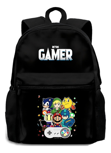 Mochila Retrô Gamer Games Compartim Notebook Garrafa Água M2 Cor Preto