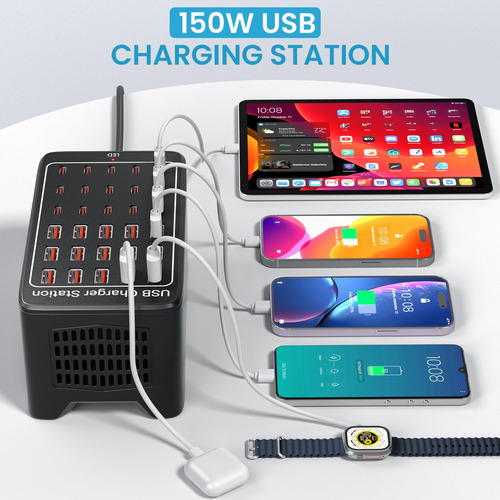 Estación Carga Usb C 150w, 30 Puertos Para Múltiples Disposi