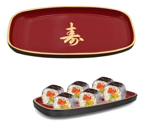 Prato Pequeno Oval Para Sushi Com Ideograma 17 Cm Vermelho