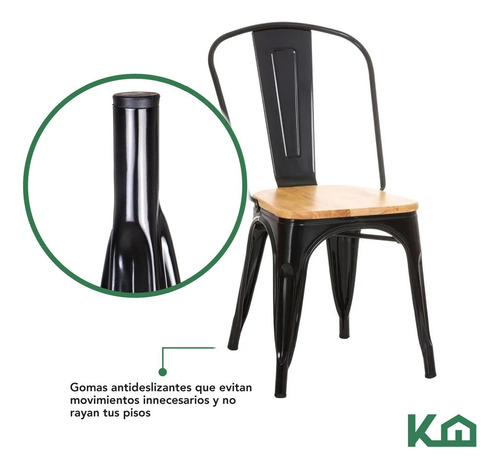 Silla Tolix Negro Mate Con Asiento De Madera Estructura Metálica Minimalista Exterior Interior Comoda Ergonomica Resistente Kingshouse
