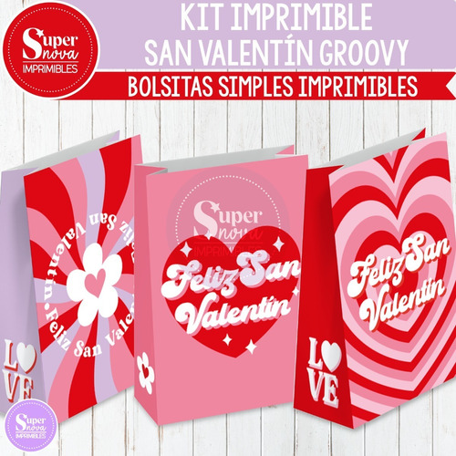 Kit Imprimible Bolsitas Simples San Valentín Groovy