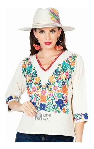 Blusa Artesanal Mexicana Bordado Flores 