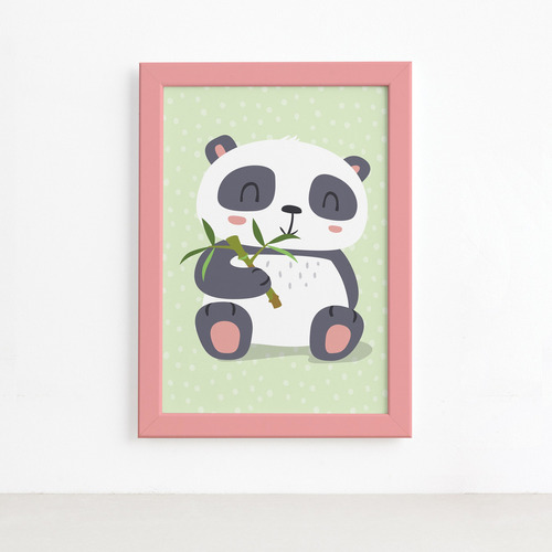 Quadro Animais Panda Moldura Rosa 22x32cm Cor Colorido