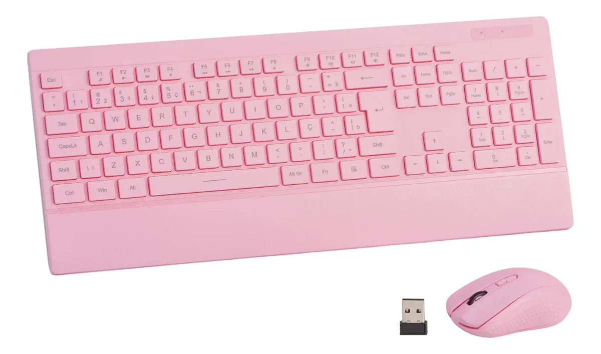 Kit Combo Teclado E Mouse Sem Fio Perifericos Pc Rosa Victsing, Layout Abnt2 Português, Com Receptor Usb De 2,4 Ghz, Construção Durável, Compatível Com Pc E Mac, Com Apoio Para O Pulso, Com Botão C