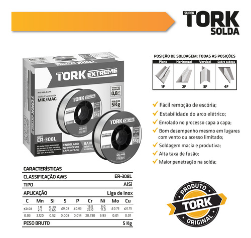 Arame Solda Inox 308l Uso Com Gás 8mm Rolo De 5kg Mig Tork