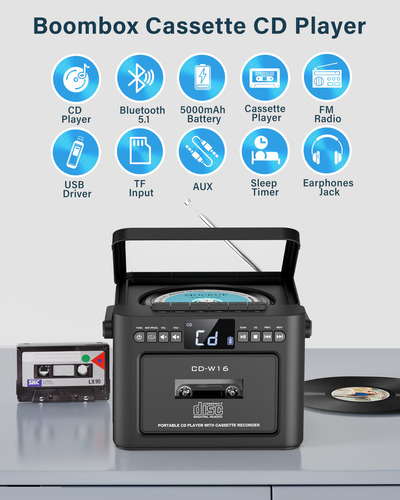 Reproductor De Cd Boombox Greadio Recargable Con Cassette Bl