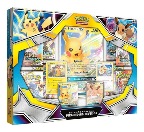 Box Pokémon Tcg Pikachu Gx E Eevee Gx Com Carta Grande