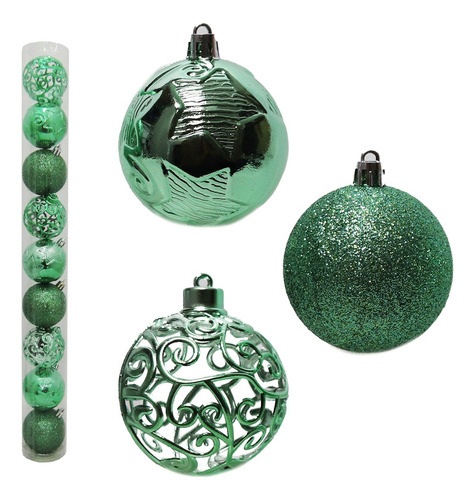 Bola De Natal Verde Menta 9 Pcs 6cm Mista Glitter / Estrela Mista glitter estrela alto relevo arabesco