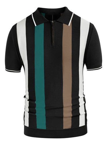 Polo De Punto Vintage A Rayas Para Hombre, Manga Corta,zip