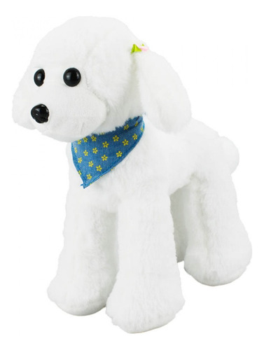 Cachorro Poodle Branco Com Bandana Azul Em Pelúcia 23 Cm