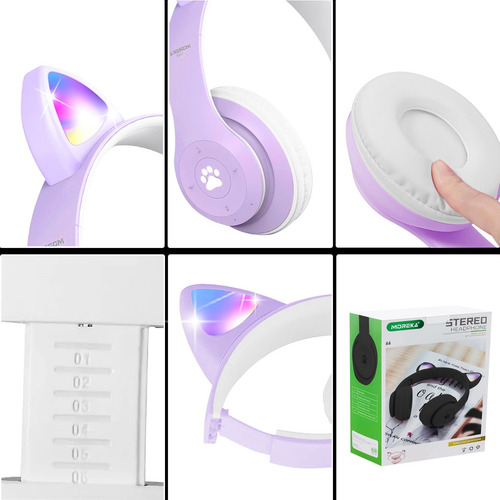 Audifonos Orejas De Gato Bluetooth 5.1 Led Diadema Ninos Color Violeta