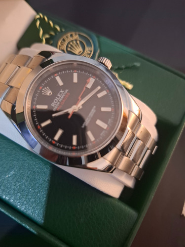 Reloj Rolex Milgaus Con Caja De Cuero Acero Negro Negro (Reacondicionado)