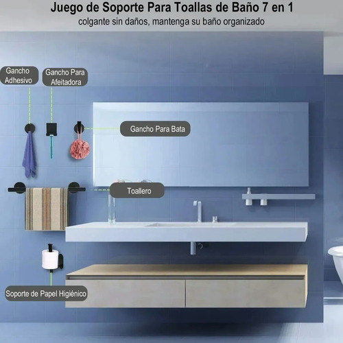 Imagen 2 de 10 de Juego De Accesorios De Baño Plata Mate, 7 Piezas