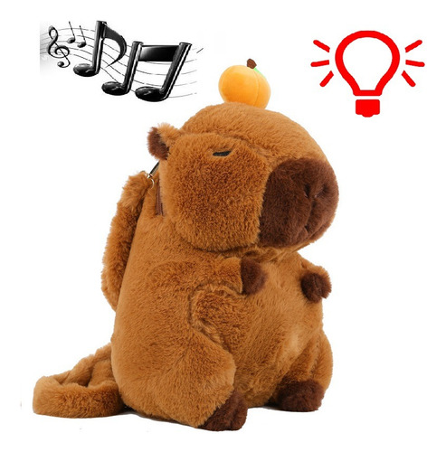 Peluche Capibara Mochila Luz Y Sonido Carpincho Musical Marrón