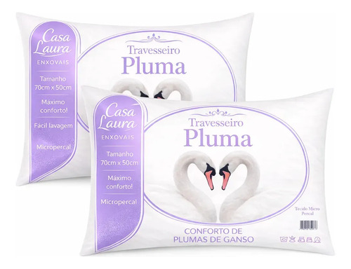 Kit 02 Travesseiro Antialérgico Pluma De Ganso 70cm X 50cm Cor Branco
