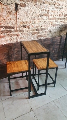 Imagen 3 de 6 de Mesa Hierro Y Madera 60x30x78 + 2 Bancos Industrial Desayuno