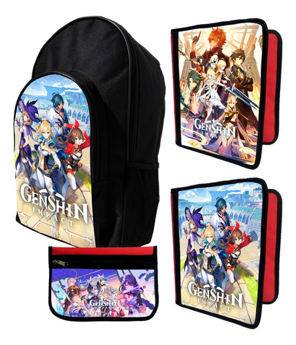 Mochila +2 Carpetas+ Cartu De Genshin Impact #548